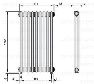 Схема (чертеж) Радиатор Zehnder Charleston 2250/9 №5310 Белый глянцевый RAL 9016